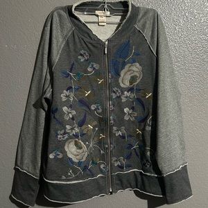 Sundance Floral Embroidered Cotton Blend Zip Front Bomber Jacket Size XL